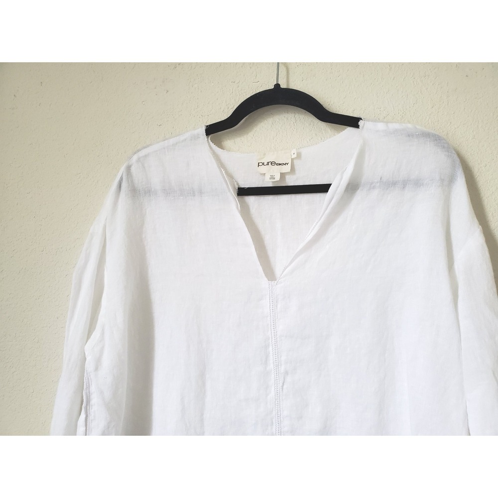 pure DKNY White Linen V-NECK Long Sleeve Tunic Top Women Small Designer Beach - Picture 3 of 9